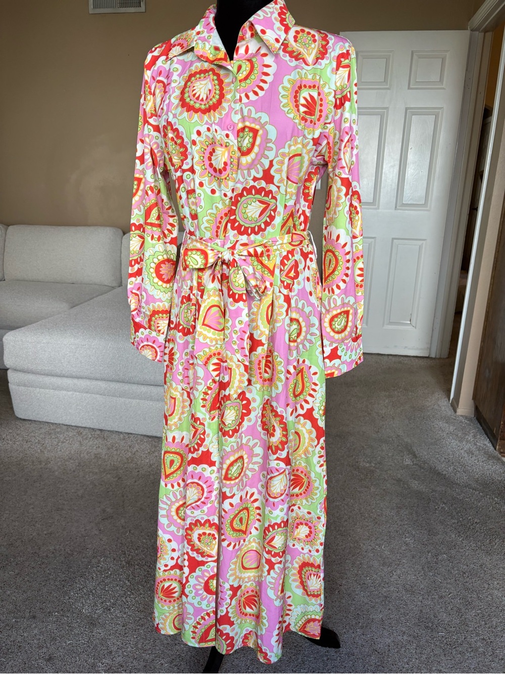 Pink Ripple Floral Button-Front Maxi Dress with Self-Tie Waist size medium